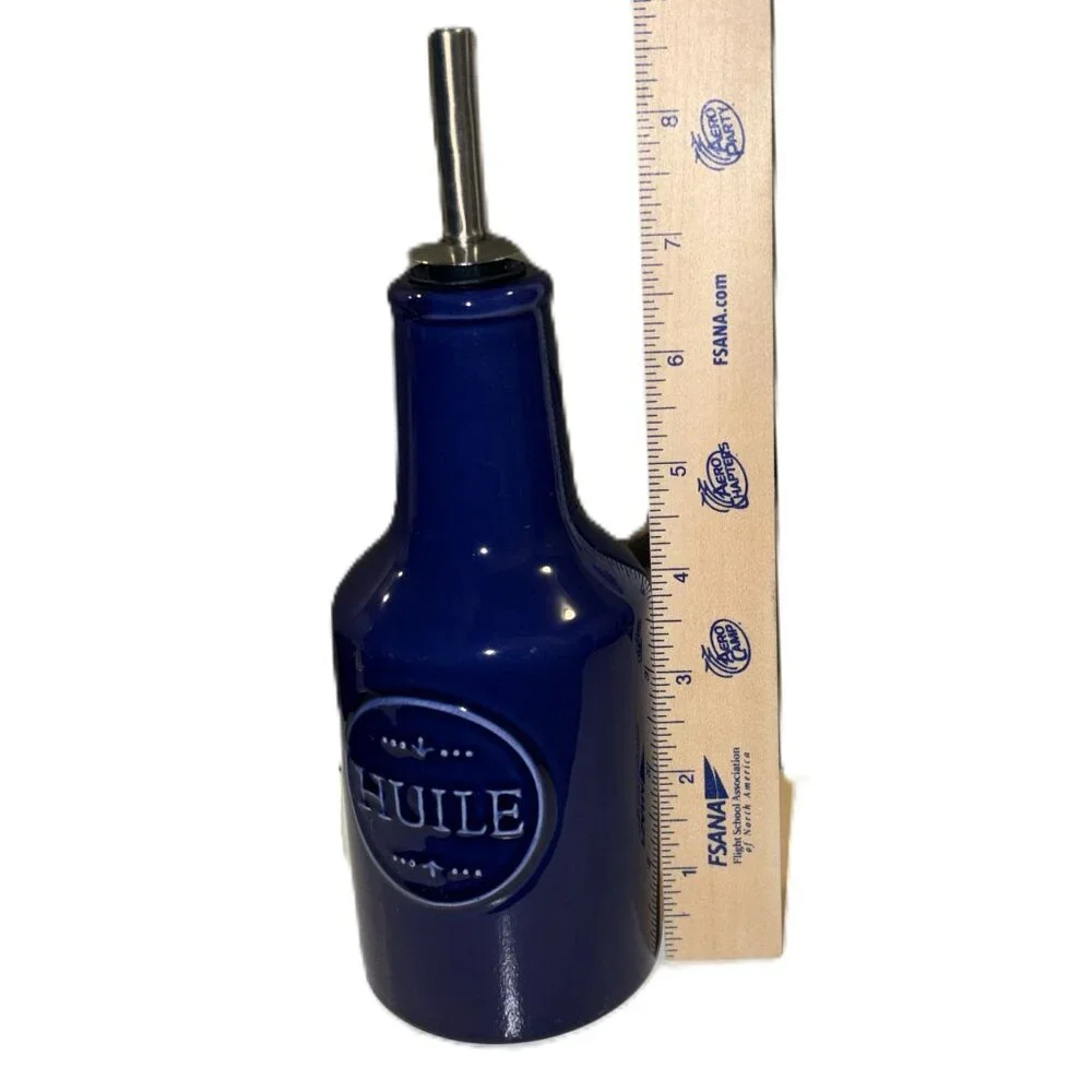 Sur La Table Everyday Blue Earthenware Oil Dispenser With Stainless Steel Spout